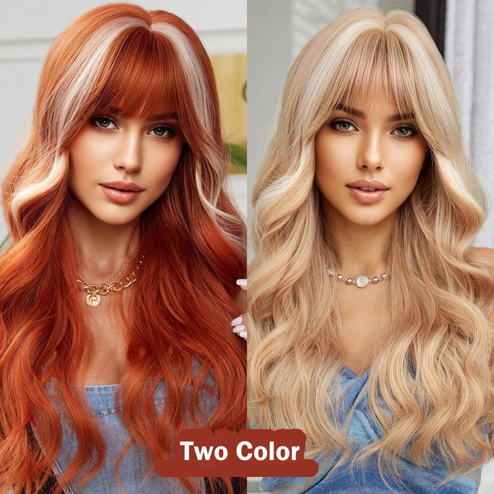 Ginger Copper Wavy Synthetic Wigs with Bangs Blonde Highlight Cosplay Party Wig