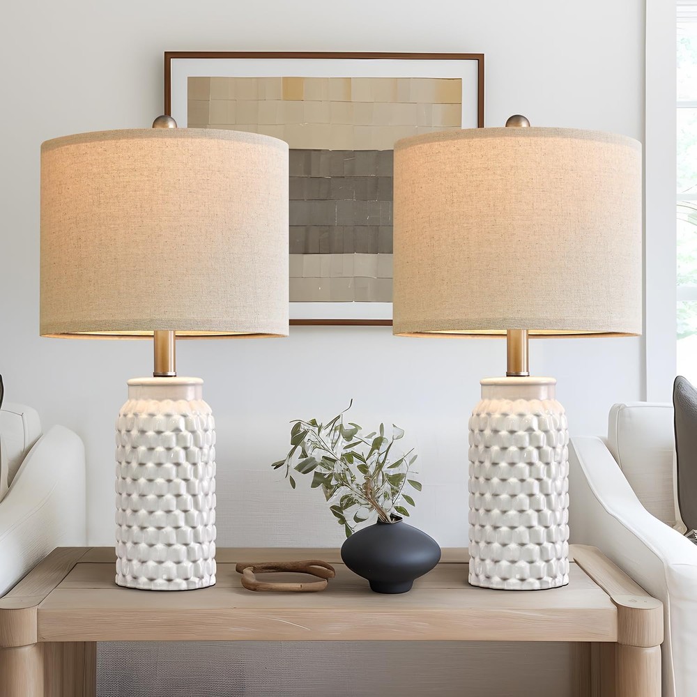 Set of 2 White Modern 20.5-Inch Ceramic Bedside Lamps for Contemporary Style