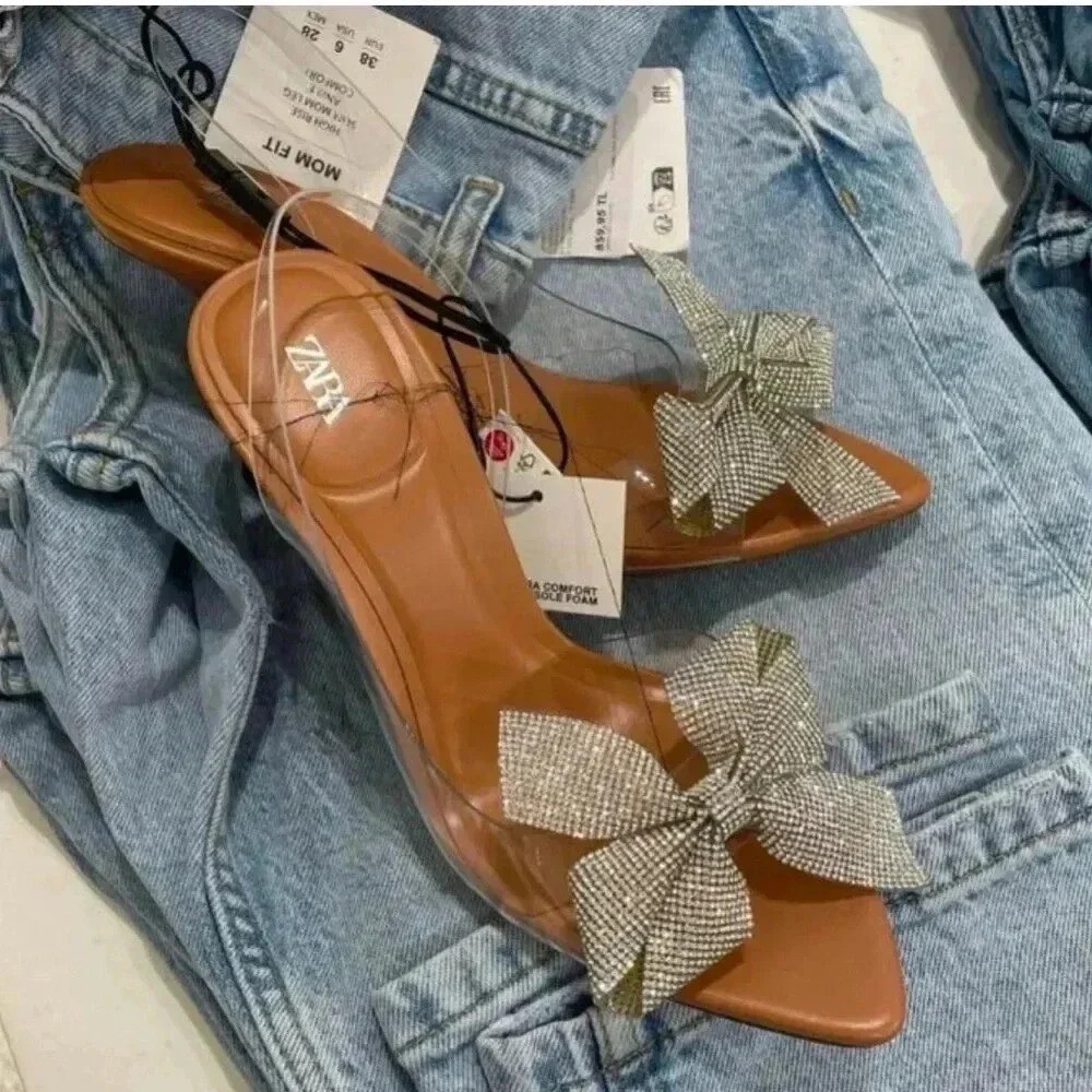Zara Rhinestone Bow Slingback Heels Size 41 US 10.5 NWOT