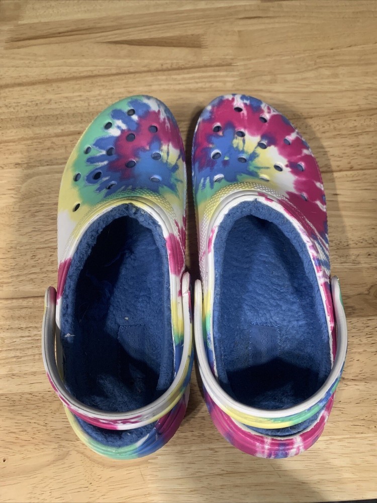 Crocs Classic Comfort Lightweight Lined Tie Dye Colorful Clogs Blue Fur W:11 M:9