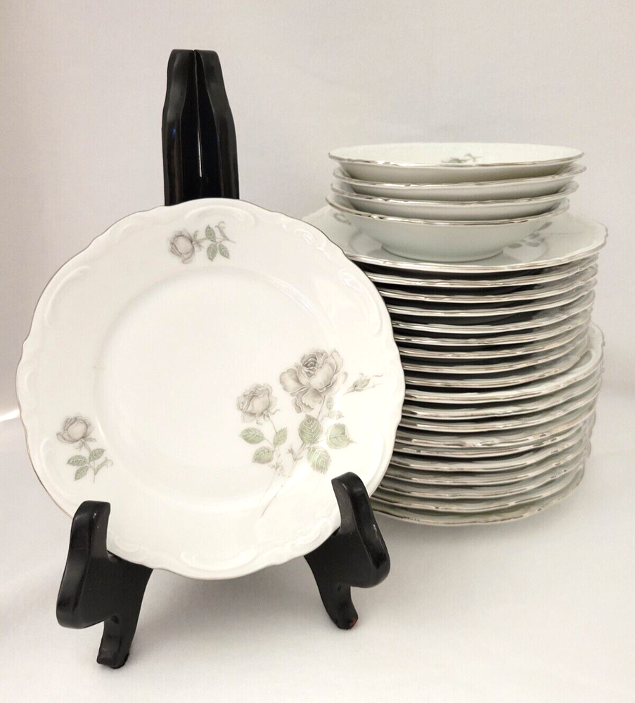 Mitterteich Bavarian Mystic Rose Silver Platinum Trim 24-Piece Salad Set