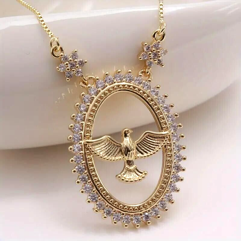 Golden Shiny Rhinestone Oval Holy Spirit Bird Pendant Necklace Jewelry Women Men