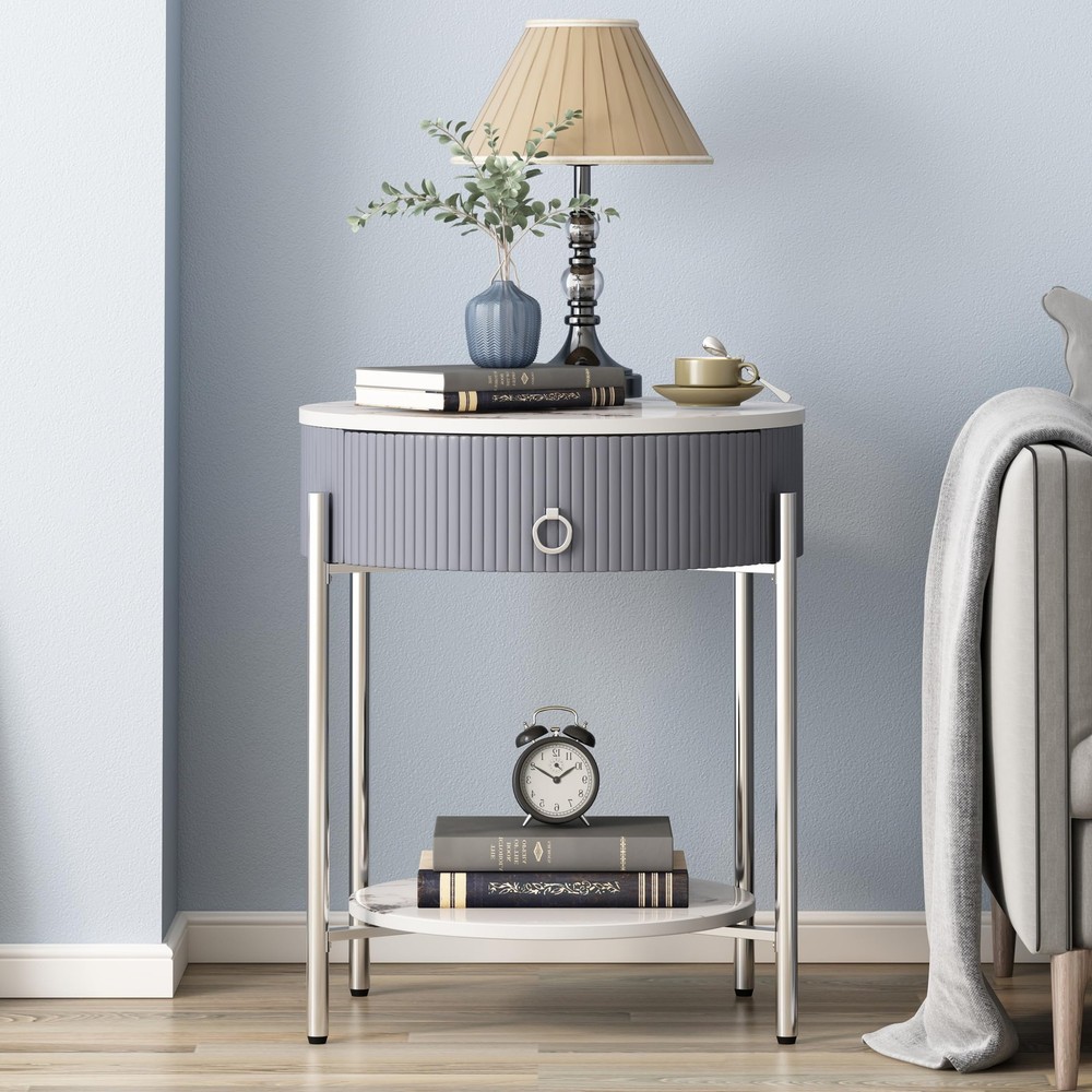 OIOG Modern Round Side Table with Drawer Shelf and Chrome Legs Nightstand