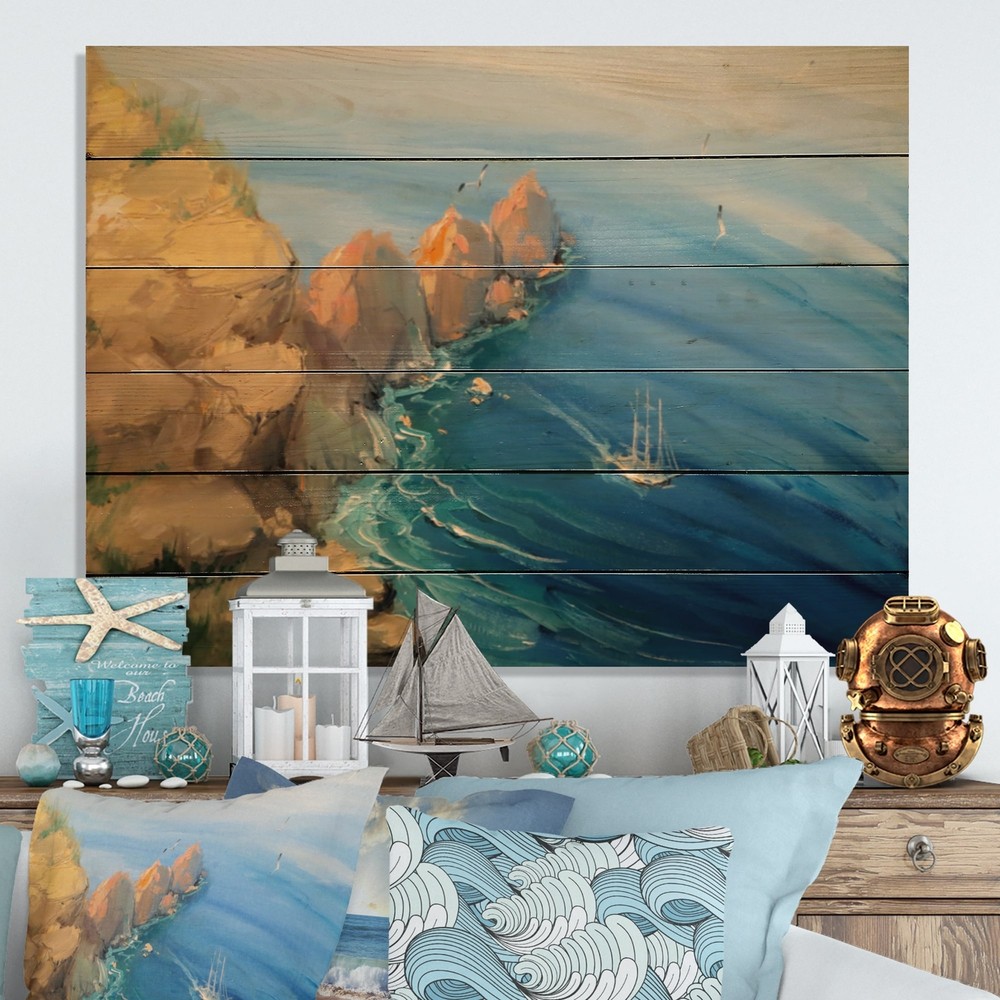 Designart 'Cozy Bay Seascape' Nautical & Coastal Wood Wall Art Décor - Natural