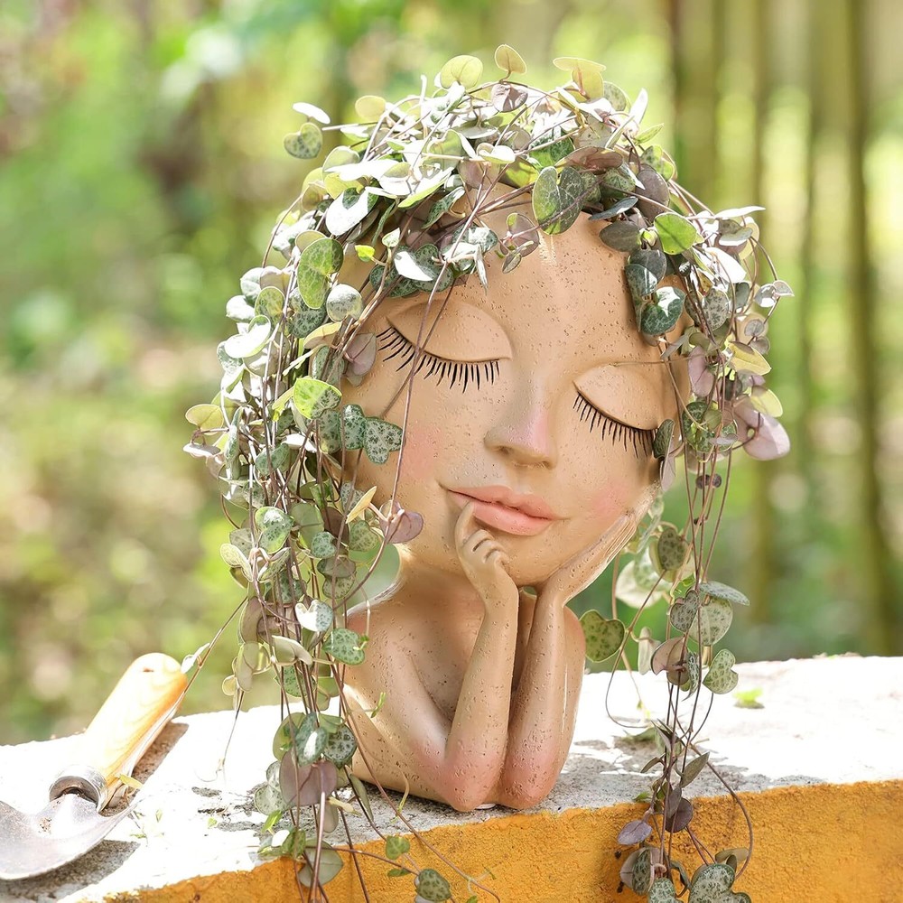AIMEBBY Resin Head Face Planter Flower Pot for Indoor and Outdoor Large, Dark