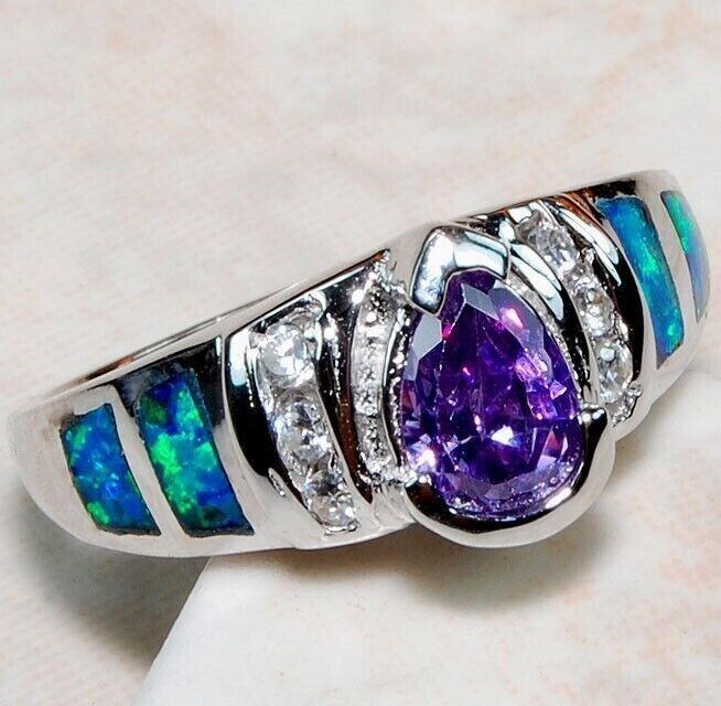 1CT Amethyst & Australian Opal Inlay 925 Solid Sterling Silver Ring Sz 8 DT1