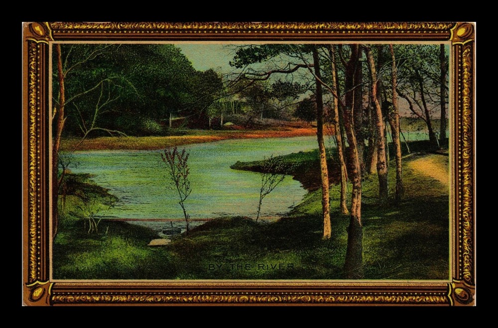 DR JIM STAMPS POSTCARD ART FRAMED RIVER SCENE