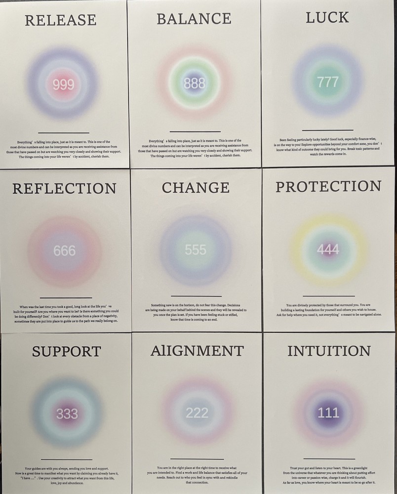 Aura Angel Number Poster Set 8x10 Inches 9-Pack Gradient Colors 111-999