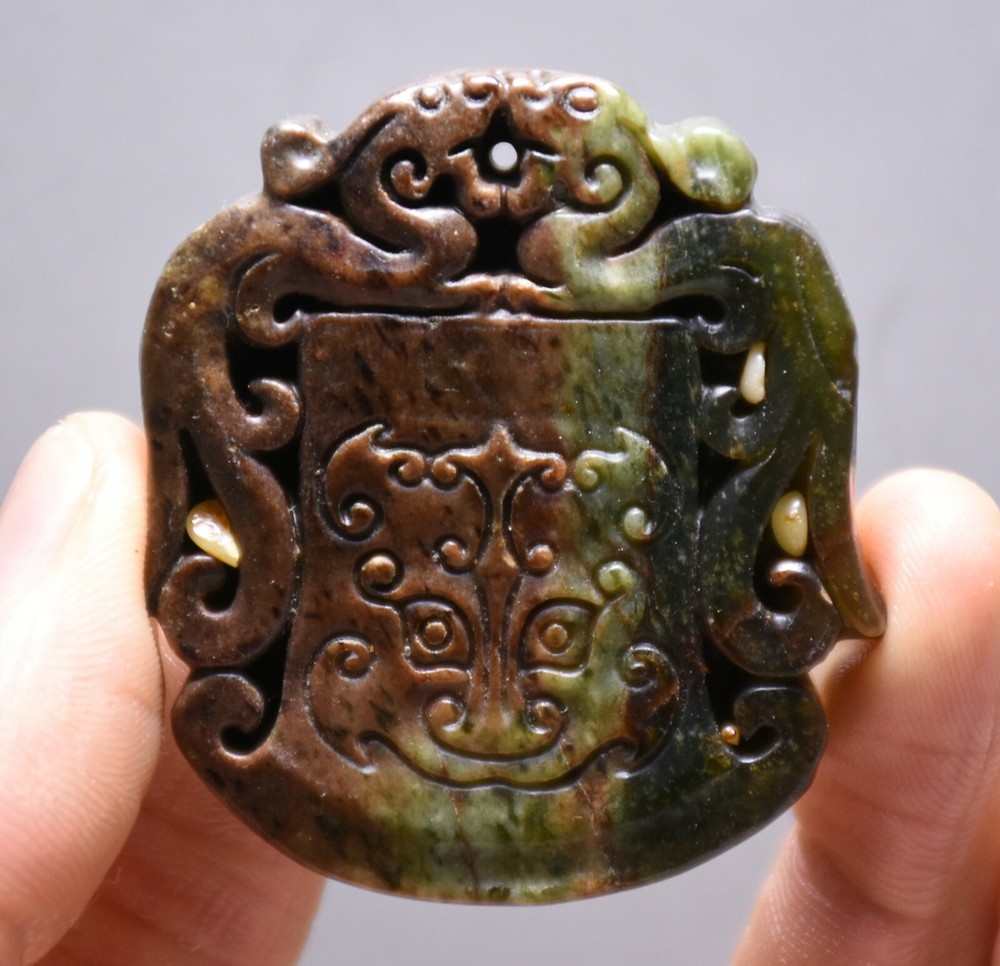 5CM China Nature Hetian Jade Carving Dragon Ax Beast Face Token Amulet Pendant