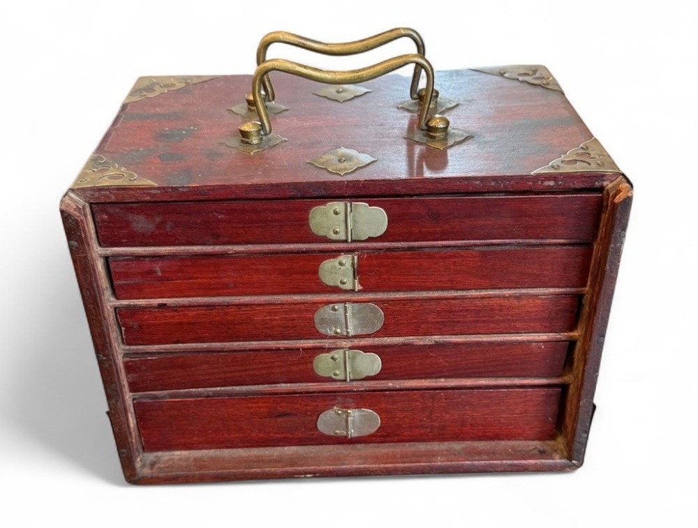 Antique Chinese Bone & Bamboo Mahjong Set Complete Brass Fitted Hardwood Case