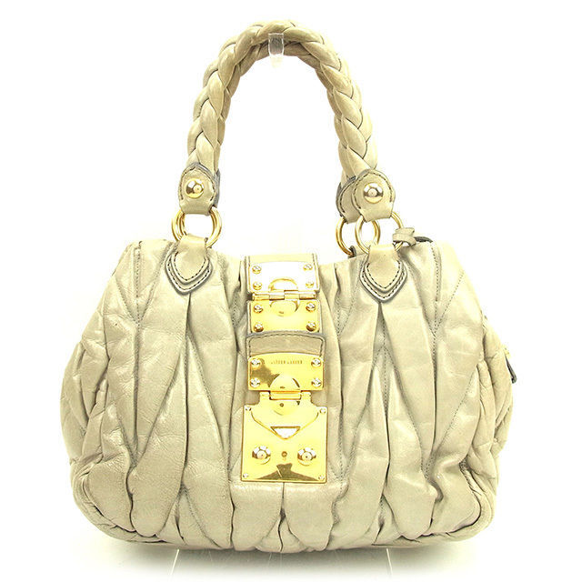Miu Handbag Bag Back Matelassé Gray Gold Leather