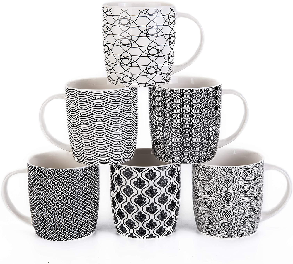 Set of 6 11.5 Oz Coffee Mugs with Black and White Geometric Patterns, Ceramic Te
