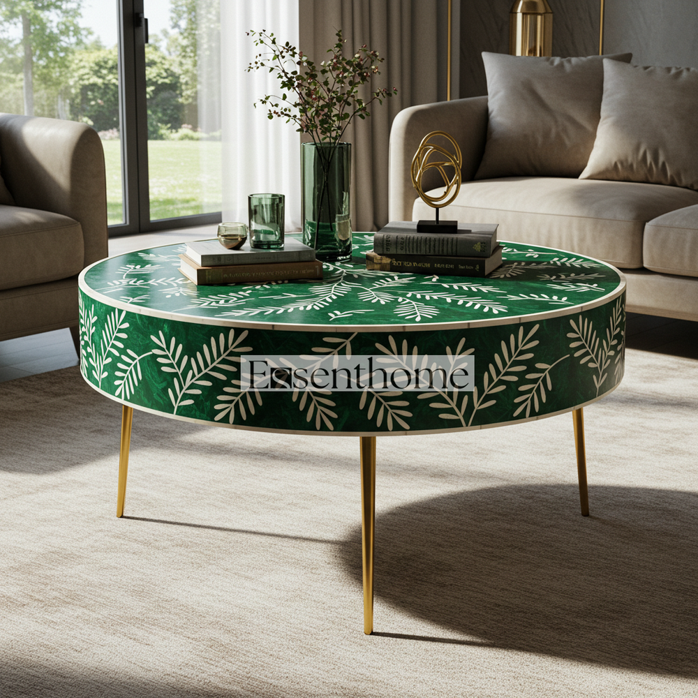 Essenthome Handmade Green Bone Inlay Round Coffee Table with Floral Design