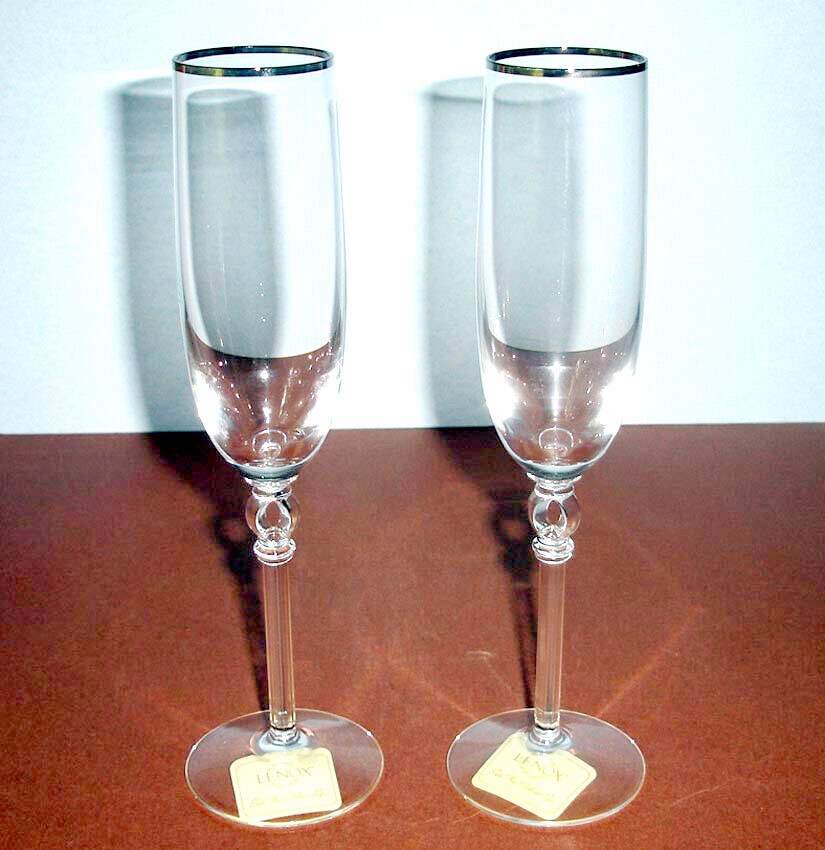 Lenox Platinum Innocence Crystal Champagne Flute SET/2 Pierced Stem New No Box