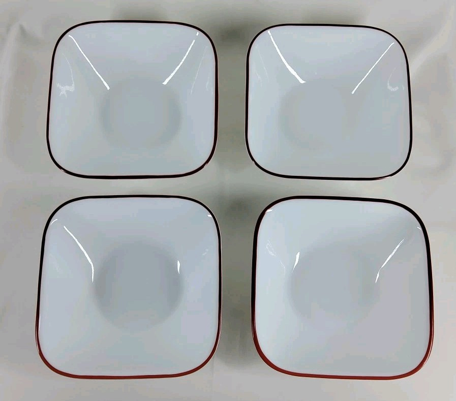 Corelle 4-Piece Square Vitrelle Bowls White Red Trim Scratch Resistant  
