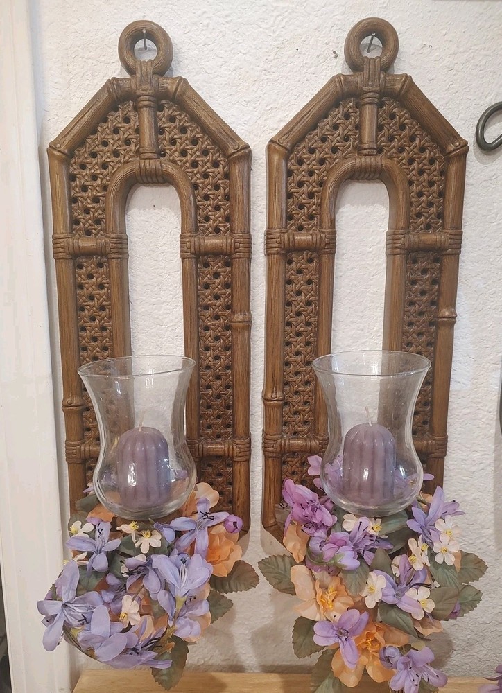 VTG Burwood Homco Boho Rattan Wall Sconces Set of 2 with Candle Holders  