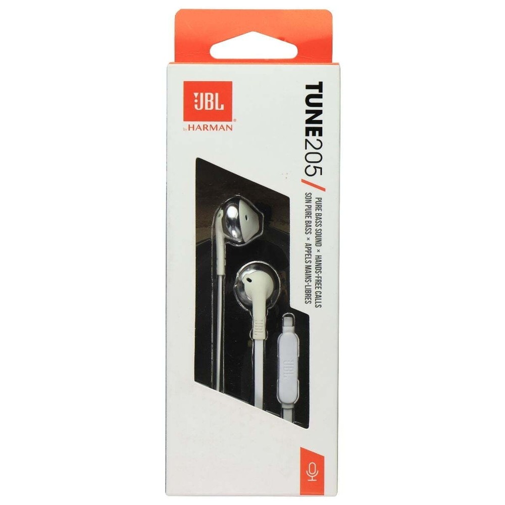 JBL TUNE 205 Wired (3.5mm) Pure Bass Sound w/Mic In-Ear Headphones NEW- White