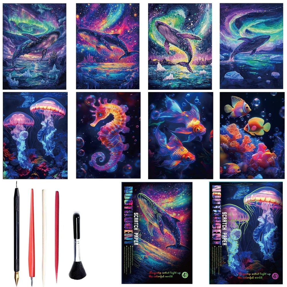 Scratch Paper Art Set Kids Adults Magic Rainbow DIY Crafts A4 Whale Sea