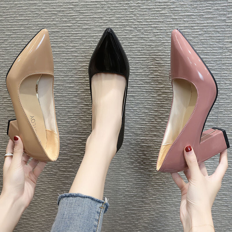 Women Sexy Pointed Toe Pumps Patent Leather Office Block High Heels Shoes