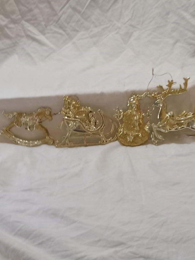 4 Gold Figural Christmas Ornaments Sleigh Rocking Horse Snowman Reindeer Plastic