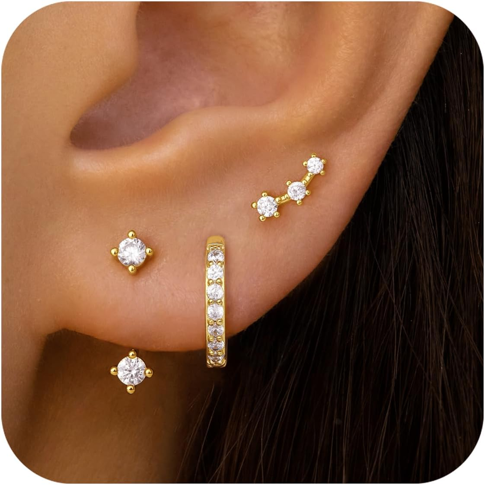 Gold Stud Earrings Set for Women, 3 Pairs Huggie Hoop Jacket Studs Earring Stack