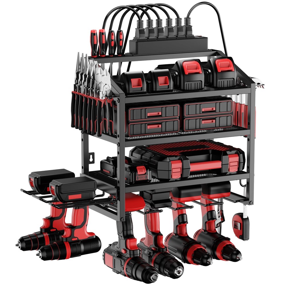 Power Tool Organizer Wall Mount with 4 Layer Storage Rack and Charging Station