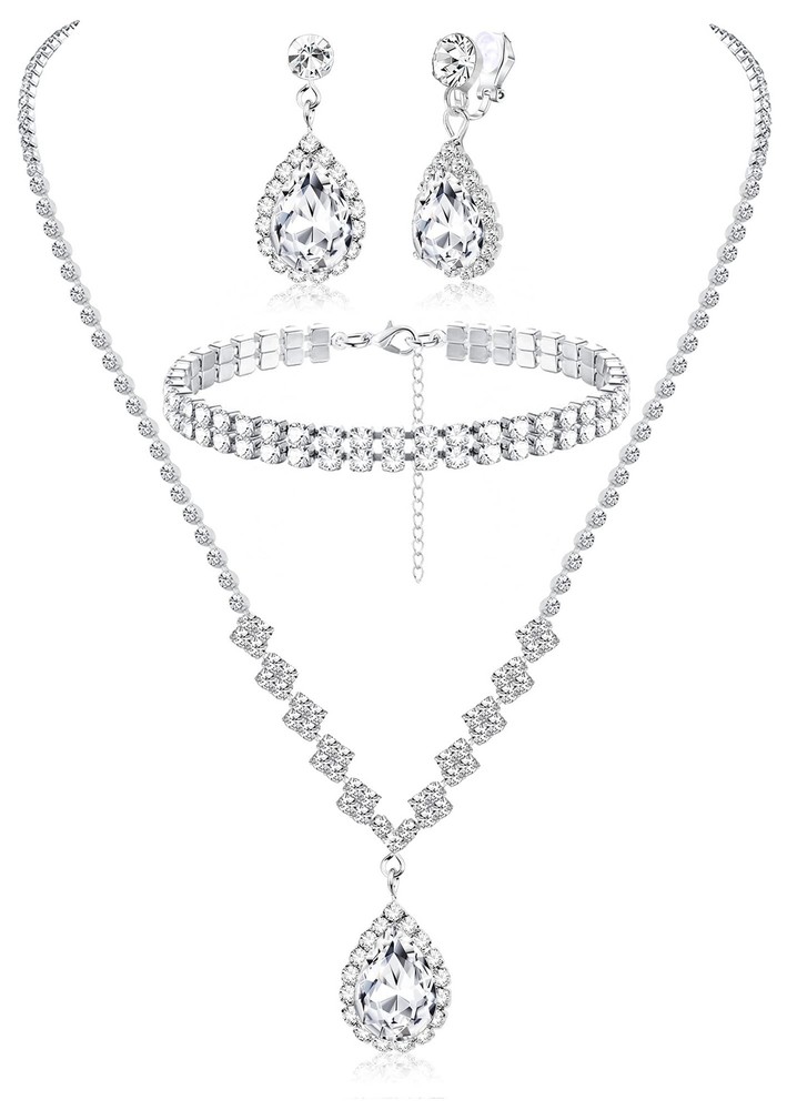 FIBO STEEL Clip on Rhinestone Jewelry Set for Bridal Bridesmaid Wedding Teard...