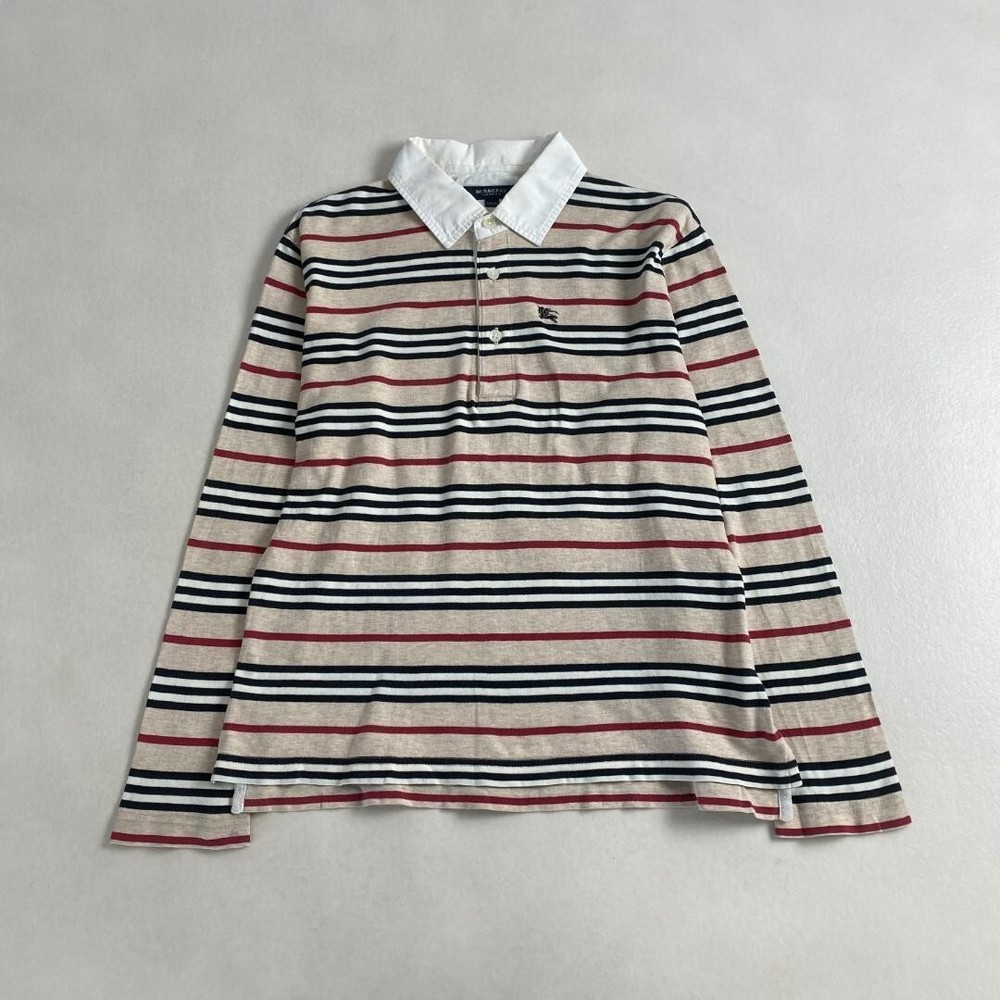 Burberry London Polo Shirt Long Sleeve Border Beige Cotton Women Size 150A Used
