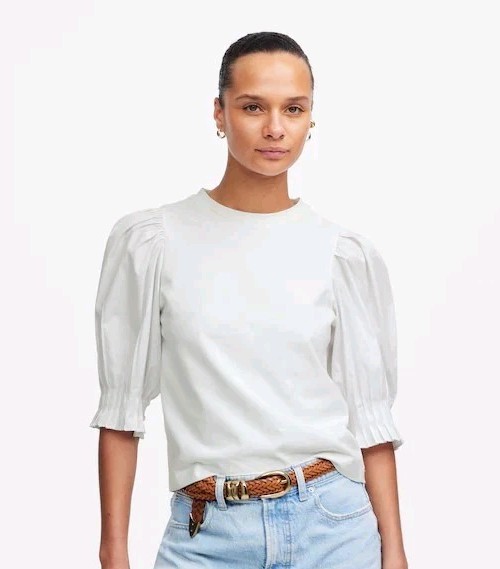Madewell NWT White Size Large Puff Sleeve Knit Top NV971 Mixed Media MSRP $52