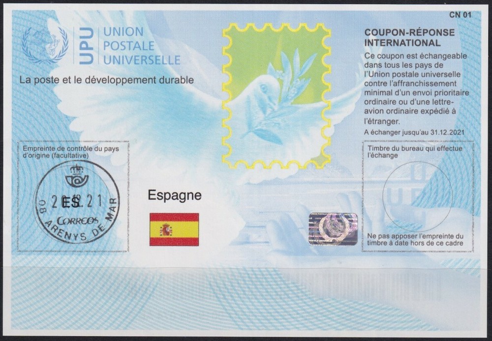 F-EX29863 SPAIN ESPAÑA UPU 2021 COUPON REPONSE PIGEON PALOMA BIRD AVES PAJAROS.-image