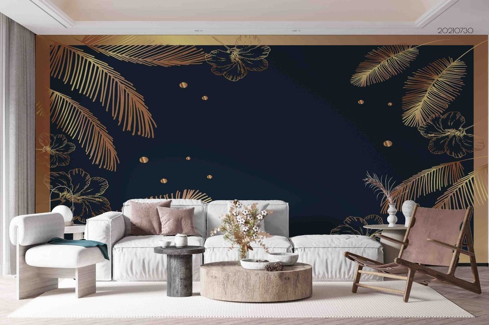 3D Hand Drawn Gold Flowers Leaves Wall Murals Wallpaper Murals Wall Sticker