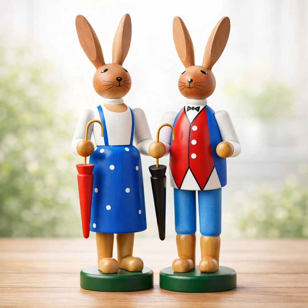 Easter Bunnies Pair Wooden 22cm Handmade Easter Decoration Bunny Figurine Set Standing