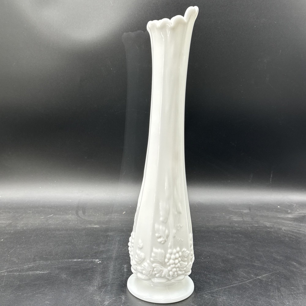 Vintage Westmoreland Milk Glass Grape Bud Vase 13.5 Inch Swung Paneled Design