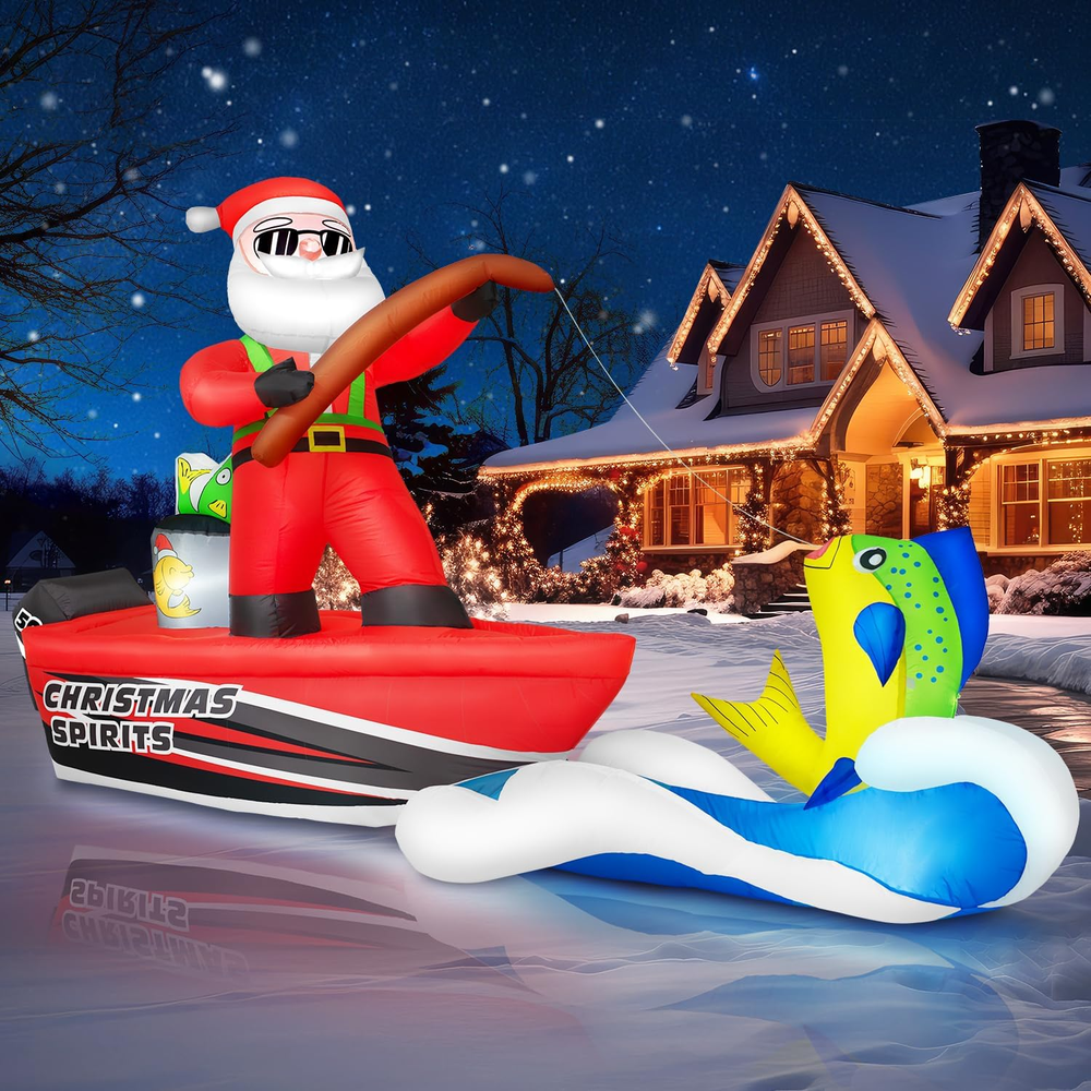 12FT Christmas Inflatable Santa Deep Sea Fishing 2025 NEW LED Outdoor Decoration