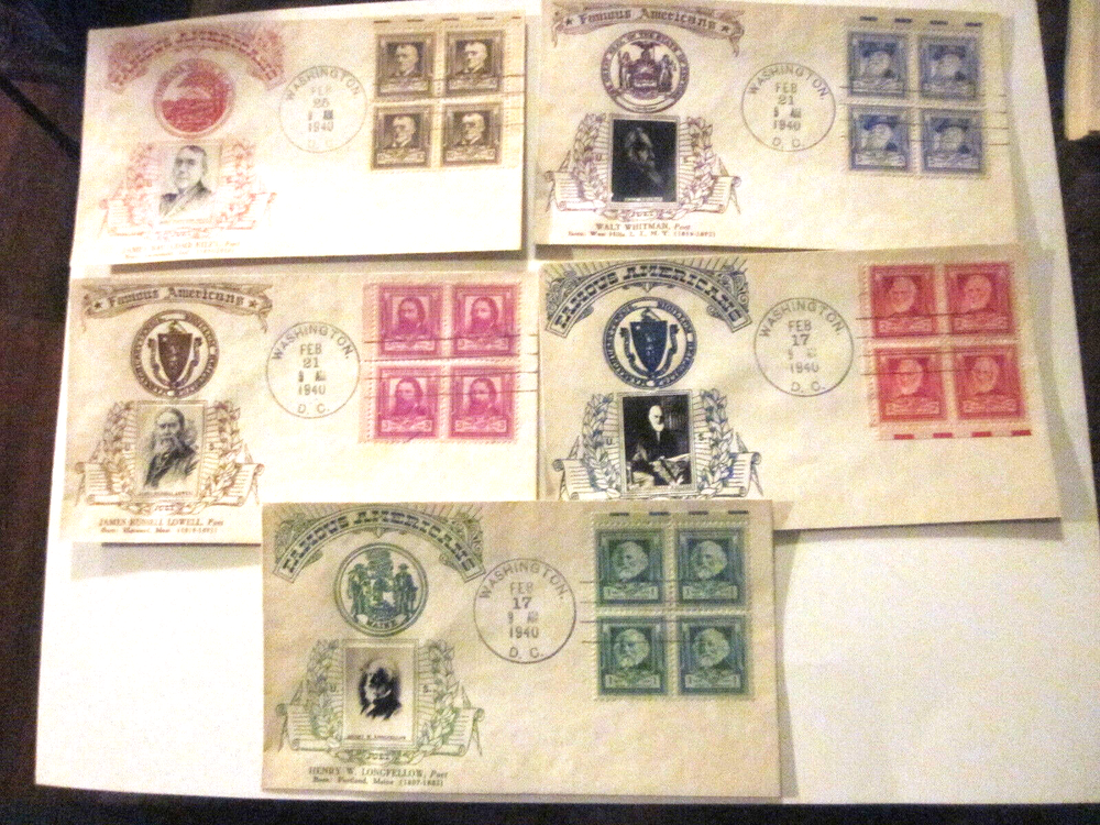 864-868 5 FDCs Complete set of American POETS on Crosby PHOTO Cachets 1940