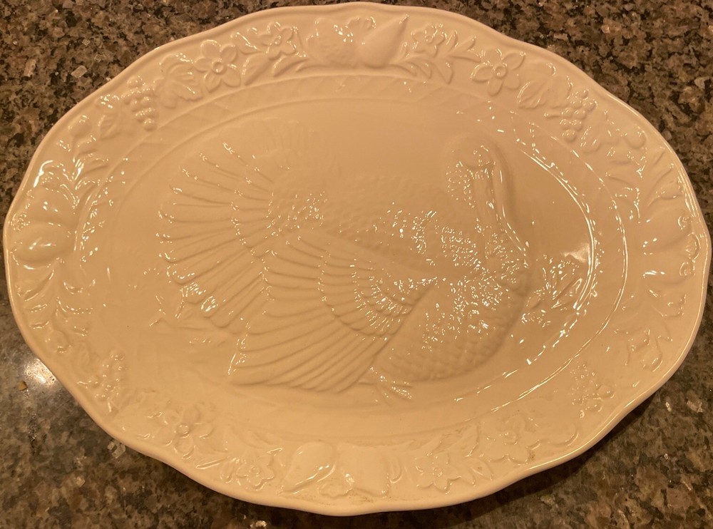 White Embossed Oval Turkey Serving Platter Large 18x16 for Thanksgiving
