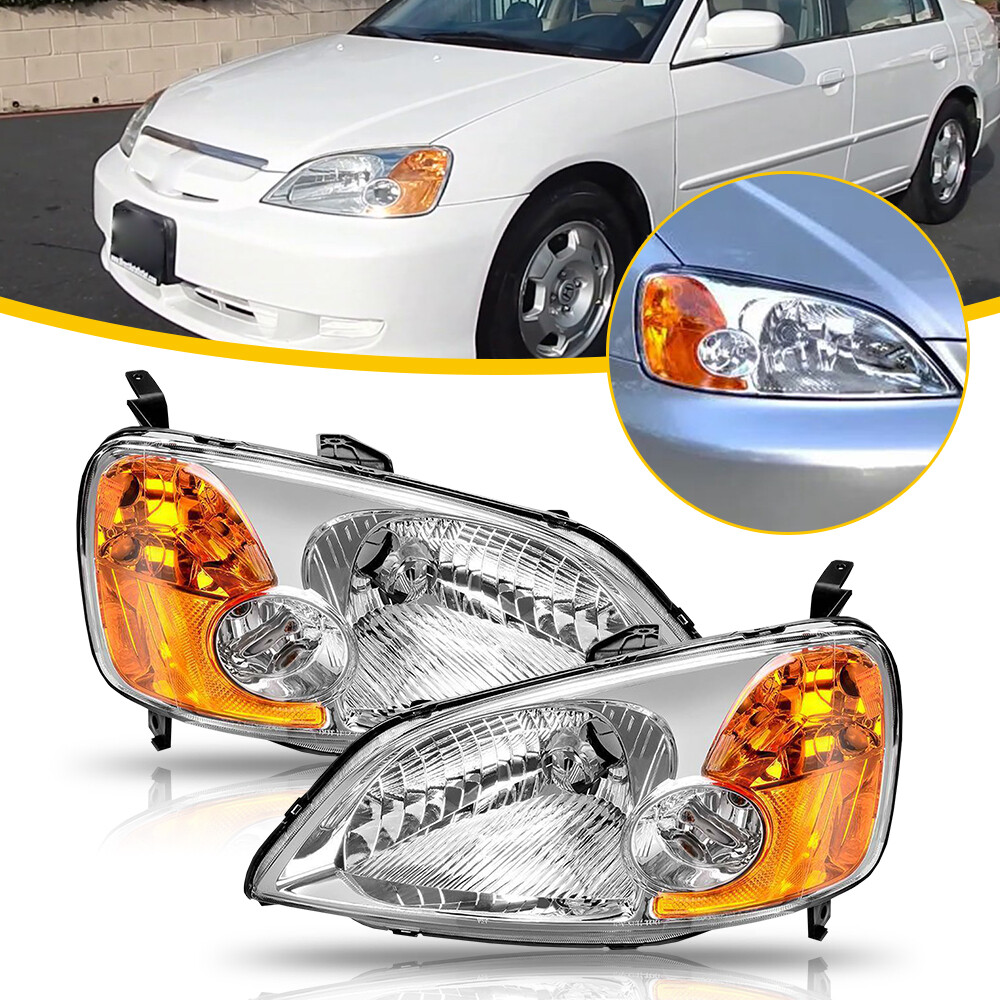 Fits 01-03 Honda Civic 4-Door Sedan New Headlights Headlamps 12V