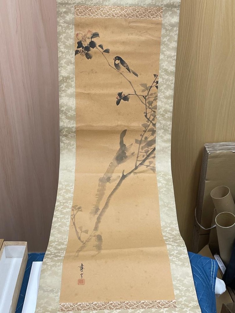 Suzume Sparrow'S Famous Ryu Snow Pottery Axis Tip Birds And Bird Hanging Scroll