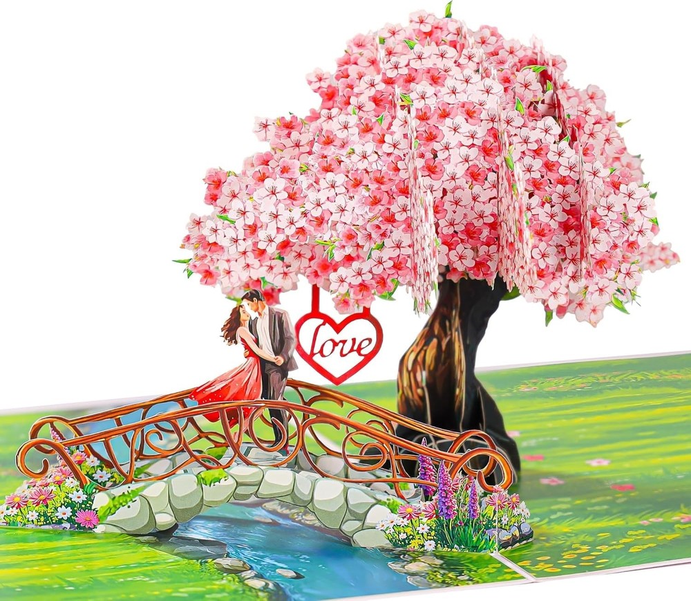Pop Up Wedding Anniversary Card Cherry Blossom, 3D Bridge with Couple Birthday