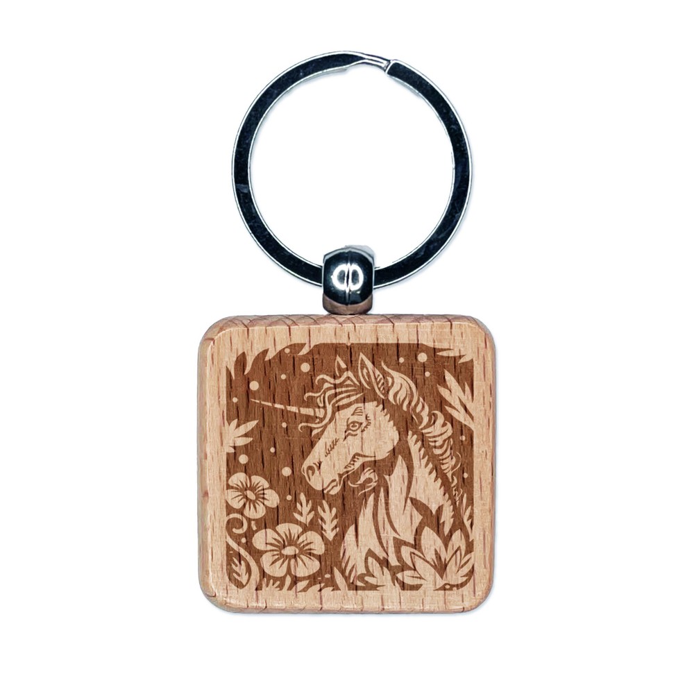 Unicorn in Flower Forest Engraved Wood Square Keychain Tag Charm