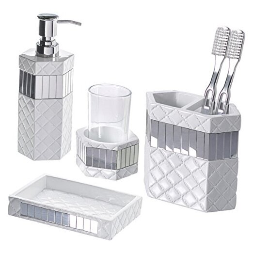 Quilted Mirror White Bathroom Accessories Set - Decorative 4 Piece Bathroom