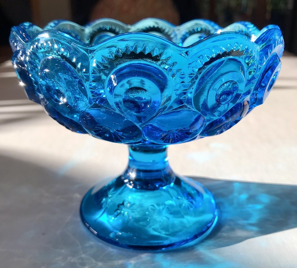 Vintage L.E. Smith (Moon & Stars) Blue Glass Pedestal Compote, c. 1960s