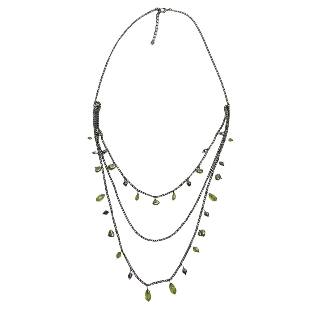 Gunmetal Gray Multi Stranded Layered Green Faux Pearl & Faceted Beaded Necklace