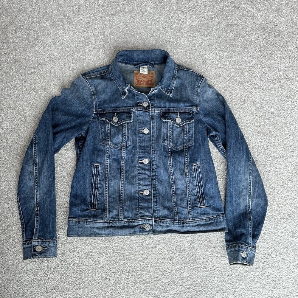 Levi Jacket Womens Blue Denim Trucker Med Wash Long Sleeve Cotton Stretch Sz L