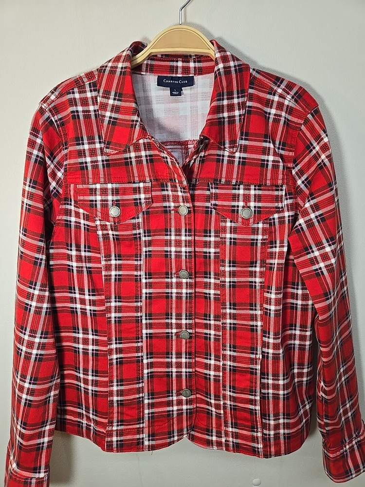 NWOT Charter Club Jean Jacket Womens Large Button Up Long Sleeve Red Plaid
