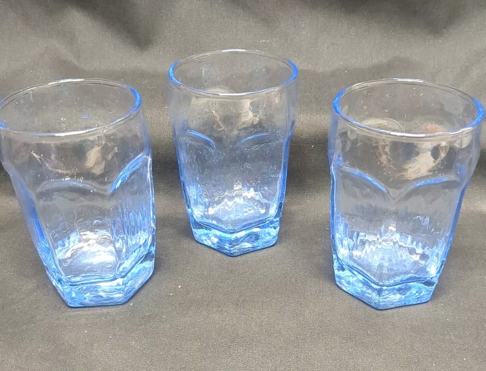 Vintage Libbey Chivalry Blue Hexagonal Juice Glasses Set of 3