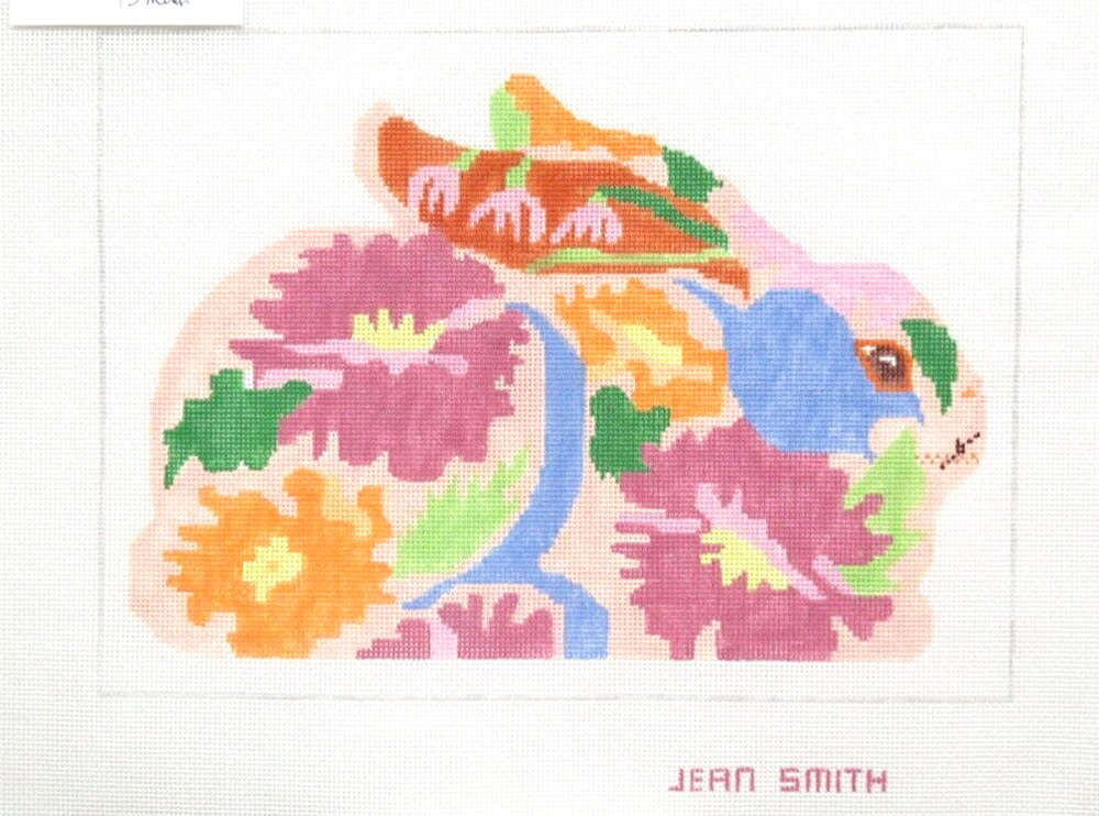 Jean Smith Bright Floral Bunny Rabbit Handpainted Needlepoint Canvas 13ct