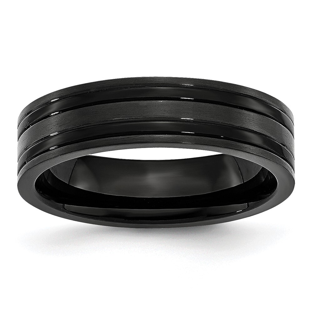 Titanium Brushed and Polished Black IP-plated 6mm Grooved Band Ring Size 7