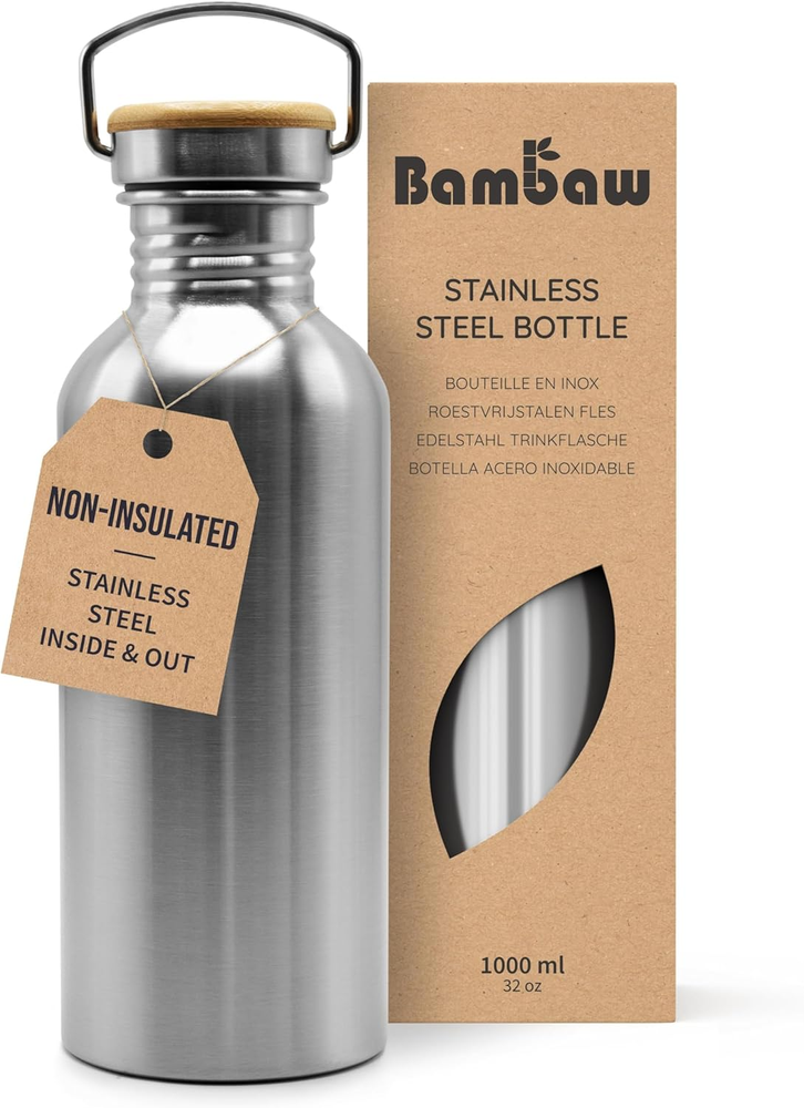 Stainless Steel Water Bottles 32 Oz, Non-Insulated Single Wall Metal Water Bottl