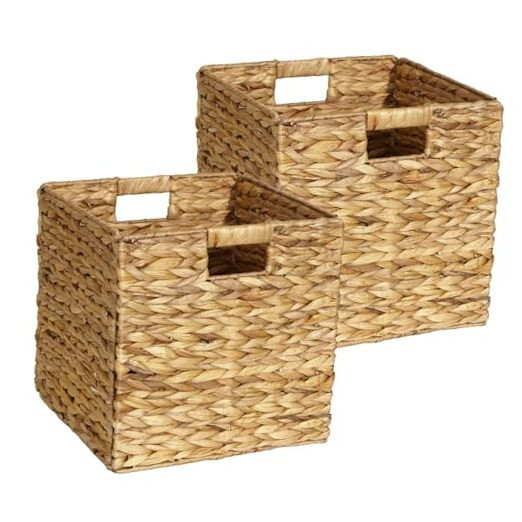 2 Pack 11.8 inch Wicker Storage Cubes, Water Hyacinth Baskets with Built-in